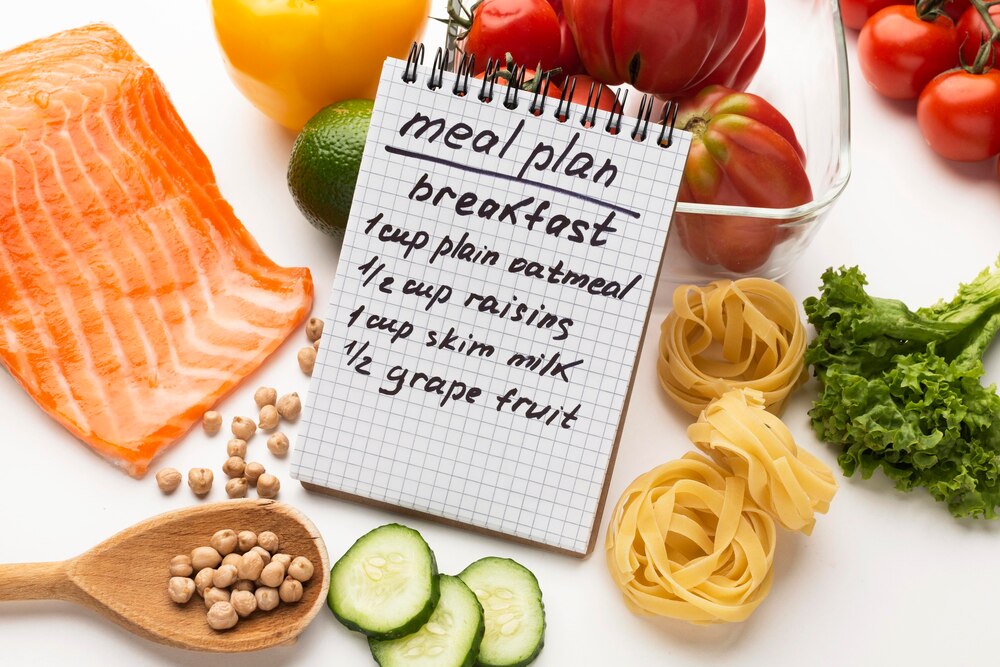 Meal planning notepad and food arrangement