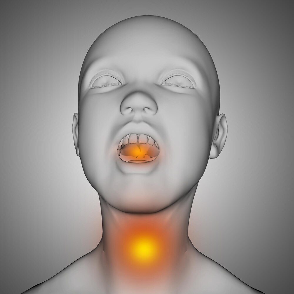 3D medical image with child figure with pain in throat and mouth highlighted