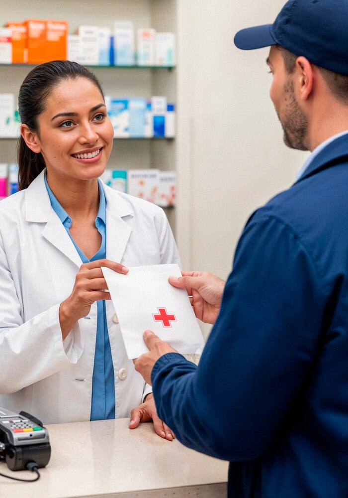Pharmacist handing medication to customer