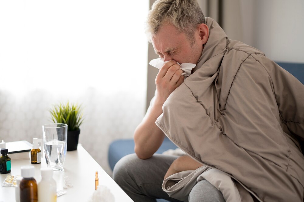 Side view of man with runny nose